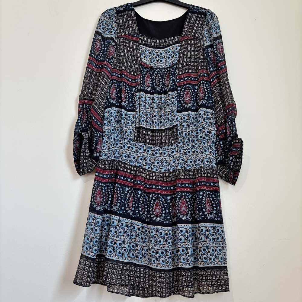 Vintage 90's cottage boho chiffon square neck long sleeve pleated pullover dress